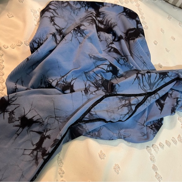 Tie Dye Workout Active Pants Yoga High Waist 4way Stretch Grayish Bluish/Black L - Picture 6 of 9